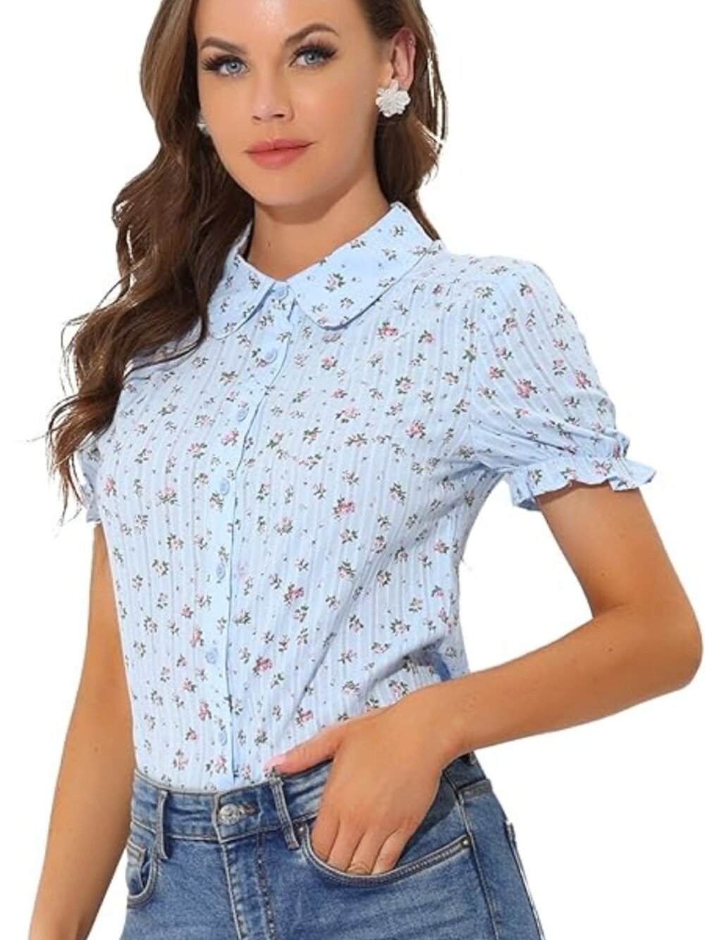 New - Women's Peter Pan Collar Shirt Cotton Vintage Short Sleeve